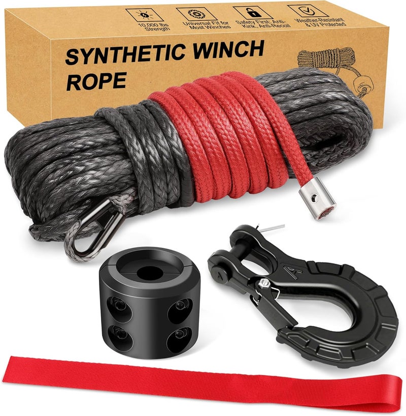 Bonison Synthetic Winch Rope Kit - 1/4'' x 50' with 10,000 lbs Breaking Strength, Included Lightweight Winch Rope Winch Stopper and Winch Hook, Easy Installation, Replacement for ATV UTV Boat Truck Winches - Image 1